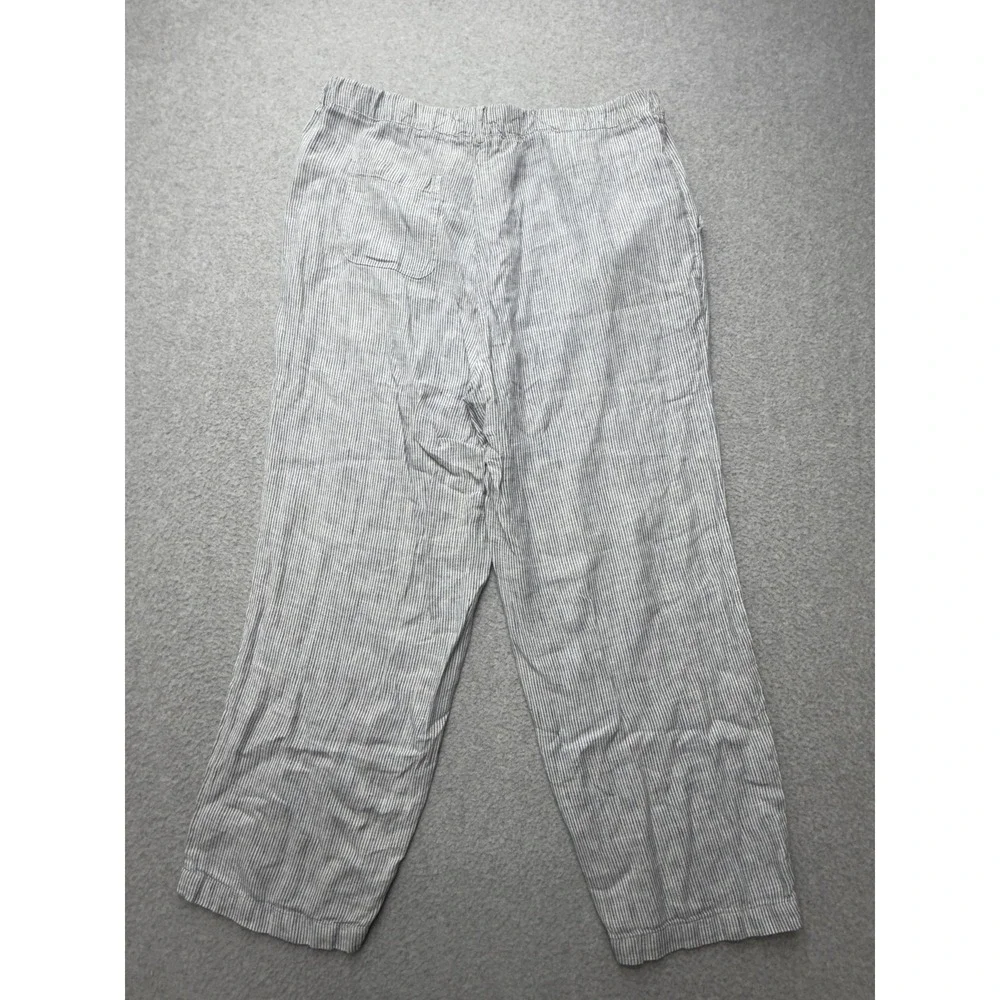Quince 100% Linen Pants Womens Blue Pinstripe Large Pull On Casual Straight Leg